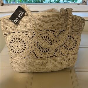 The Sak Cream Lace Pattern Crochet Tote Bag
